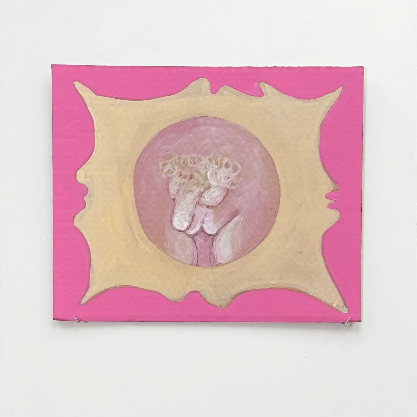 A pink and gold square work with a rounded central form.
