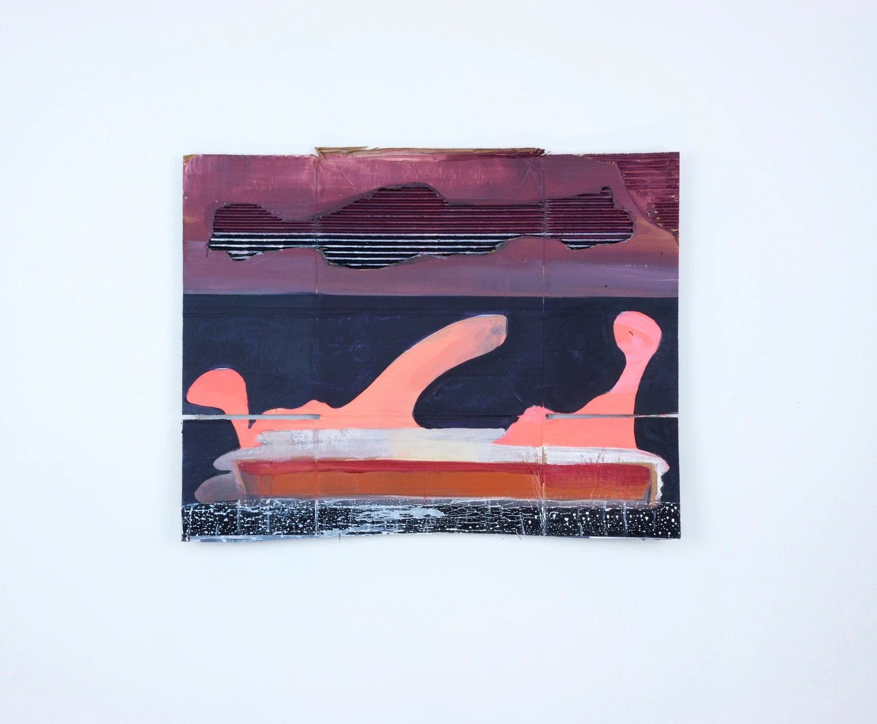 A rectangular work with pink forms and dark horizontal bands.
