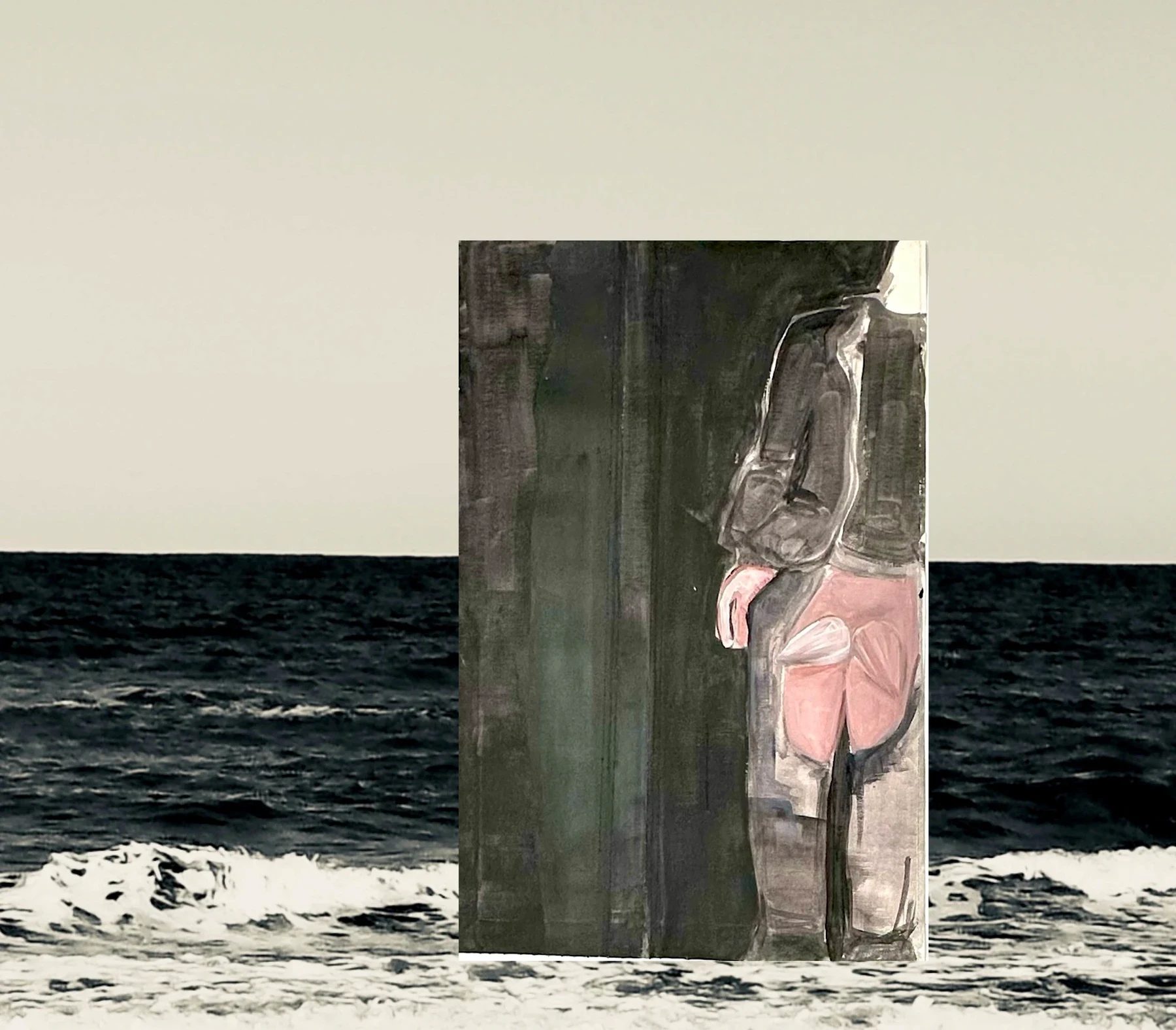A painted figure with pink shorts on a dark panel at the shore.