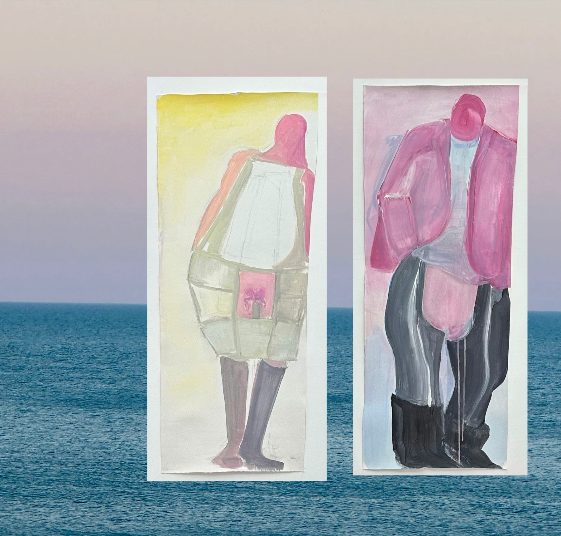 Two panels with painted figures against a pink and blue horizon.