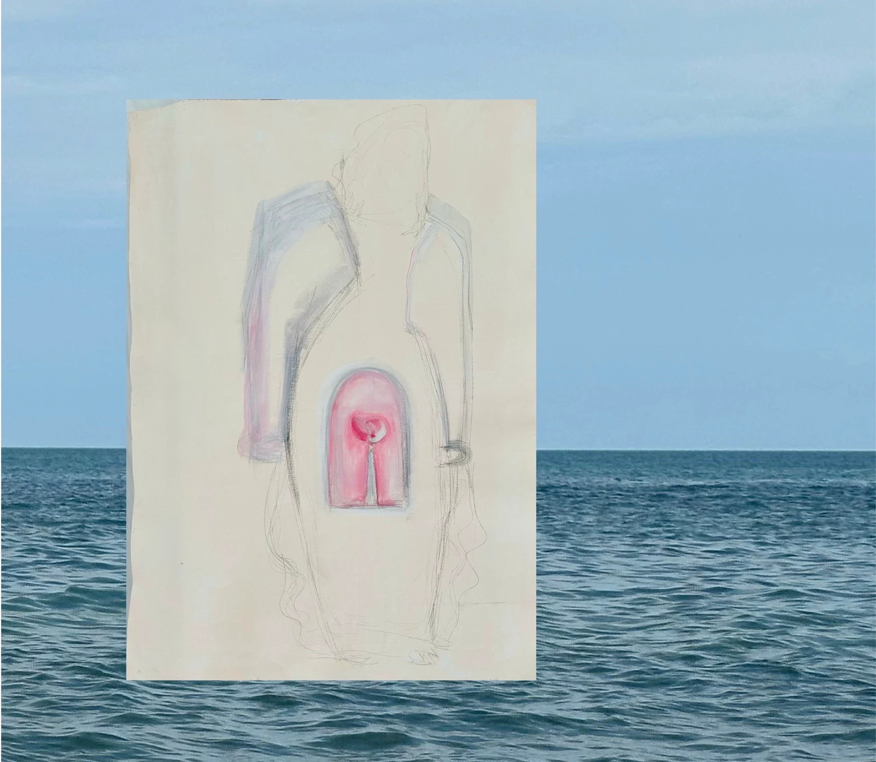 A pale figure with a pink shape against a blue sea.