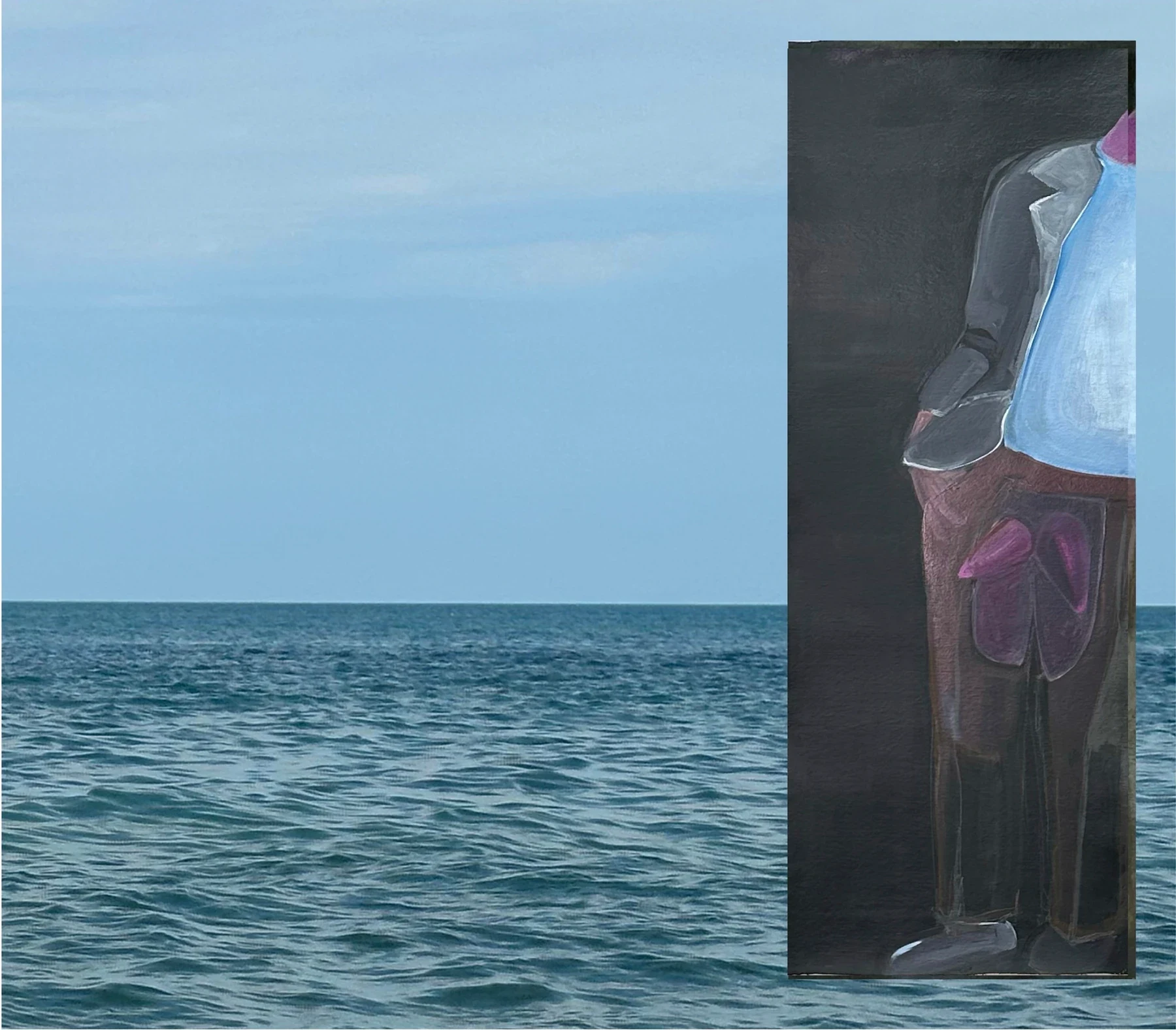 A painted figure in blue and dark clothing against a seascape.
