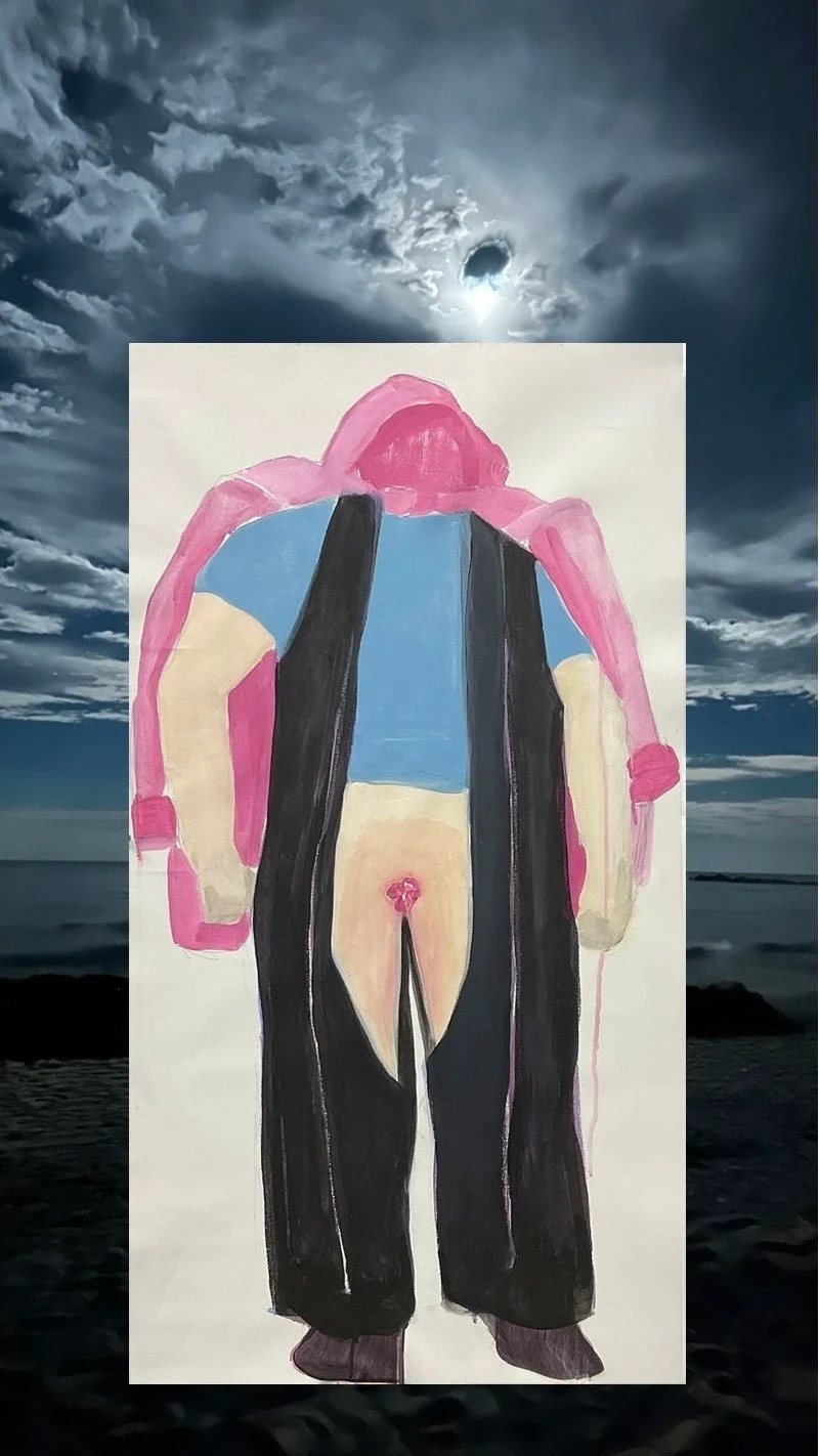A pink and black painted figure against a dark, cloudy seascape.