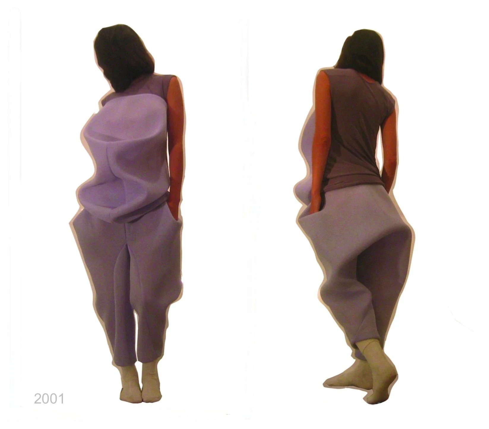 Two rear views of draped purple and gray clothing.