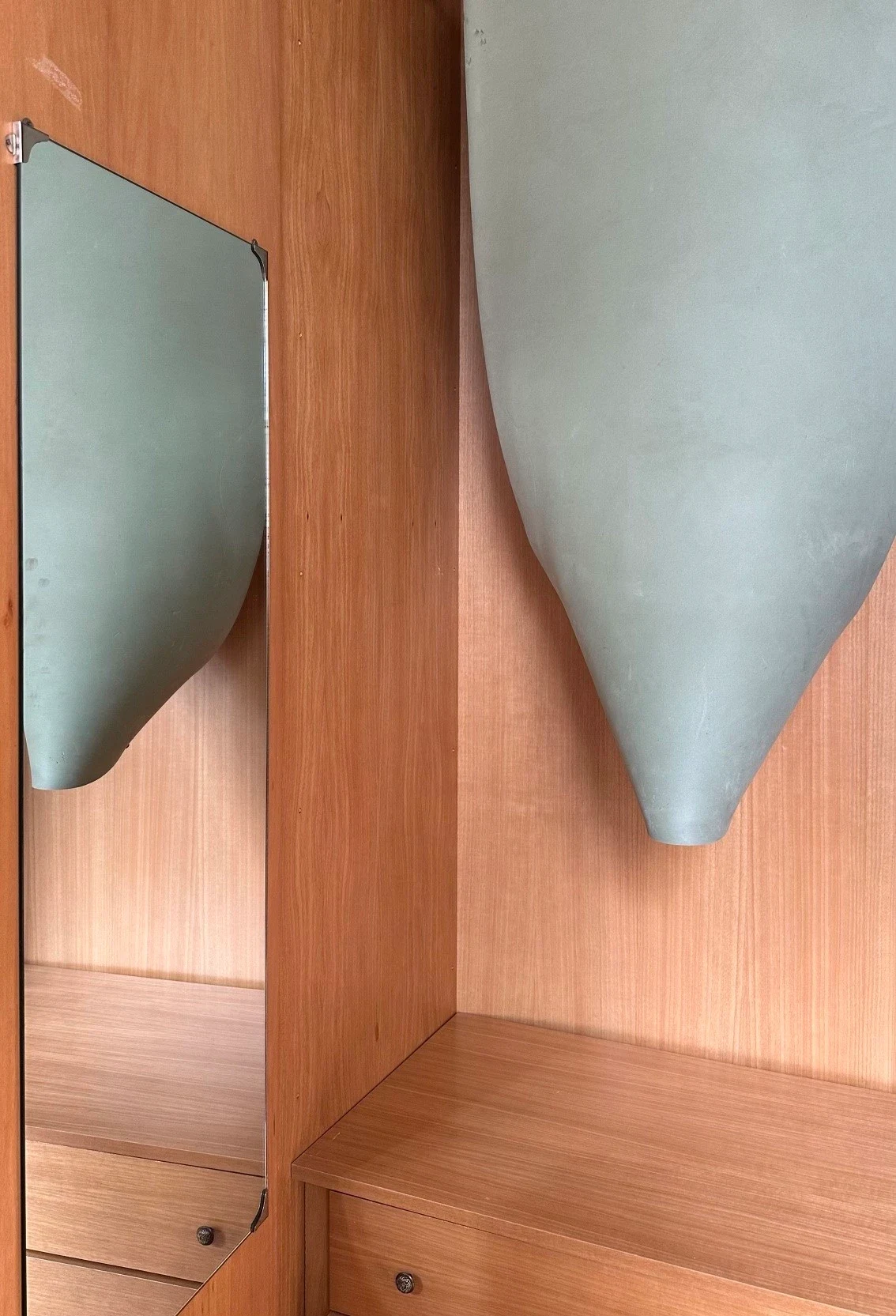 Close view of a pale green form against the wood of a wardrobe.